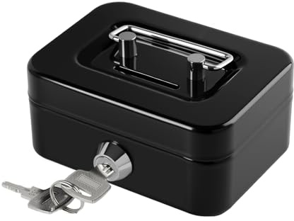 Cash Box with Key, Mini Money Box with key, Portable Money Tin for Home, Office and Events, 11.5 * 8.5 * 6cm(Black-mini)