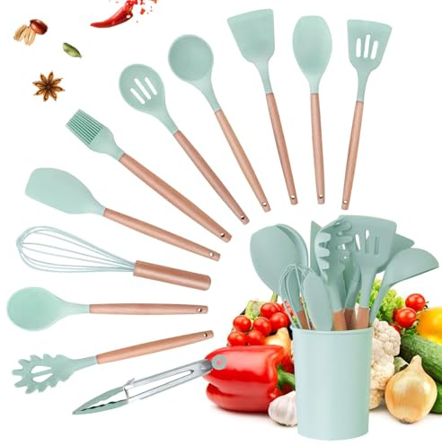 Kitchen Utensil Set 12 Pcs Silicone Cooking Utensils Set with Wooden Handles Non-Stick Heat Resistant Cooking Tools with Holder for Cooking Baking