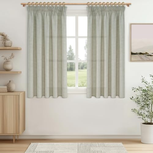 MRTREES Gardinen Halbtransparent Kurz Fenster Vorhang Leinenoptik mit Kräuselband 122 cm Lang 140 cm Breit, Vorhänge Leinen 2er Set für Küche Wohnzimmer Schlafzimmer Landhausstil