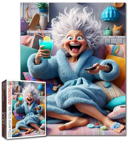 Grandma 1000 Piece Jigsaw Puzzle Entspannende Freizeitszene mit blauer Robe Gemütliche Heimdeko Ältere Frauen DIY Puzzles für herausfordernde Familienaktivitätsspiele Ältere Dame Kunst