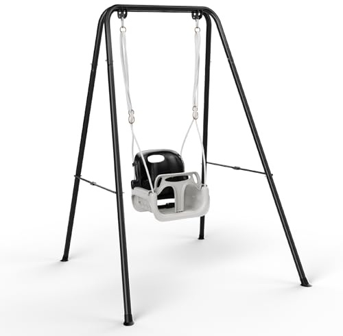 nmoiww Babyschaukel mit Gestell 2-in-1, Kinderschaukel mit Metallständer Schaukelgestell, Sicherheitsgurt Schaukelsitz für drinnen und draußen Spielen (Schwarz)
