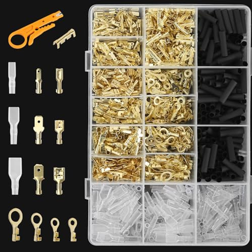 1050 Stück Kabelschuhe Set, Flachsteckhülsen Set, Kabelschuhe Isoliert 2,8mm/4,8mm/6,3mm, M3/M4/M5/M6 Ringkabelschuhe, Flachstecker KFZ Elektrische Quetschverbinder Crimpverbinder