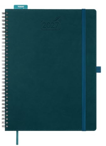 BEZEND Kalender 2027 Buchkalender 1 Woche 2 Seiten A4 (28,5 x 22 cm) | 12-Monate Wochenplaner (Jan - Dez 2027), Ringbuch mit PU-Leder Softcover, 100 GSM Papier, Dunkelgrün
