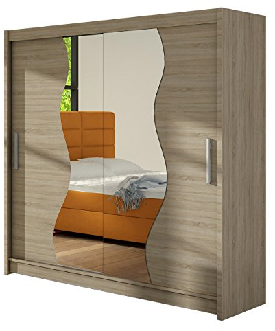 Begas Armoire à portes coulissantes avec miroir, armoire à portes coulissantes, armoire moderne pour chambre à coucher, chêne Sonoma
