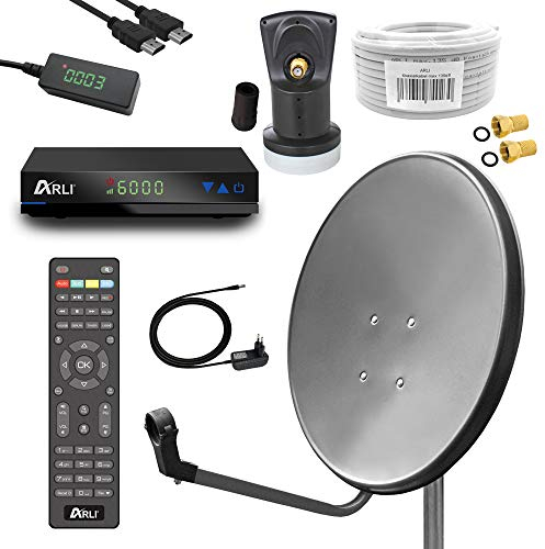 ARLI Digital Sat Anlage 60 cm Spiegel inkl. ARLI AH1 HD Receiver + Single LNB + 10m Koax Kabel + 2 F - Stecker vergoldet 1 Teilnehmer Set dunkelgrau anthrazit Camping Antenne 1 Teilnehmer