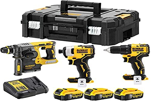 DEWALT 18V/5Ah Akku-Kombopack (bestehend aus: Akku-Bohrschrauber DCD708, Schlagschrauber DCD809, Kombihammer SDS-plus DCH273, inkl. 3x Akkus, Ladegerät, 2x T STAK-Box II) DCK377P3T-QW