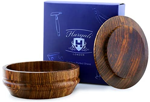 Haryali London Ciotola da barba in legno con coperchio in legno, pennello da barba ciotola crema da barba sapone tazza