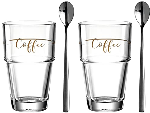 LEONARDO HOME Solo Latte-Macchiato Gläser 4 teilig, 2 Glas-Becher mit Coffee Aufdruck und 2 Löffel, spülmaschinengeeignetes Cappuccino Glas, 410 ml, 043477