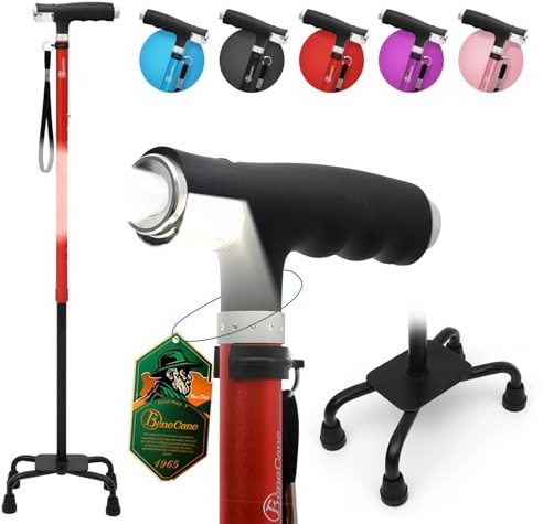 BeneCane Gehstock für Damen und Herren – Quad-Gehstock mit zwei LED-Lichtern, leichter und verstellbarer Gehstock, Rot