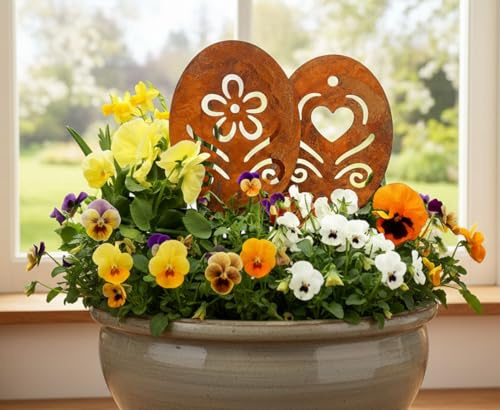 LB H&F 2er Set Osterdeko Osterei Deko Ostern Rostei Garten Metall Rost Ei Gartendeko Ostern Frühling Stecker (2er Osterei Herz + Blume)