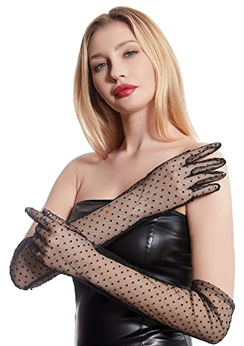 krautwear® Damen Handschuhe Spitze Ellenbogen Lang Abendhandschuhe Gerafft Braut Kurz Satin Schleife