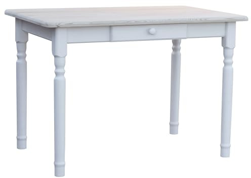 k koma Esstisch/Küchentisch aus massiver Kiefer – Beine weiß lackiert, Tischplatte Natur (unbehandelt) – mit Schublade – NEU (80 x 120)