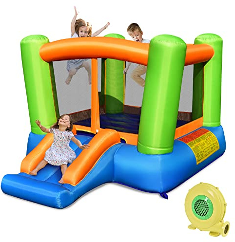 GOPLUS Ausblasbare Hüpfburg mit Rutsche, Hüpfschloss für 3 Kinder von 3-10 Jahren, Indoor & Outdoor Springburg aus Oxford-Gewebe für Garten & Park, 250 x 197 x 143 cm (Grün, Mit Gebläse)