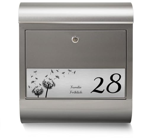 banjado Edelstahl Briefkasten personalisiert mit Namensschild in Silber - Wandbriefkasten aus Edelstahl - Postkasten mit Hausnummer, Namen & Motiv Pusteblume - Briefkasten mit Zeitungsfach