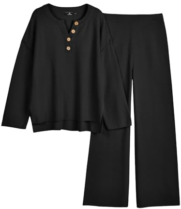 LILLUSORY Mode Kleider 2 Stück Oversize Slouchy 2022 Winter Koordinierte Wohnzimmer Set Bequeme Strickpullover Home Pullover Set | Bequeme Strick-Loungewear, Flughafen-Reise-Outfits, Henley-Tunika mit überschnittenen Schultern, Tunika und weitem Bein zum