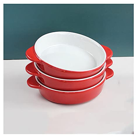 Fuente para Hornear Conjunto de 3 platos de hornear au gratina redondos, panorámica de lasaña, taja de porcelana for la lasaña de la cocina for hornear las bandejas con asas, rojo Fuentes para Horno