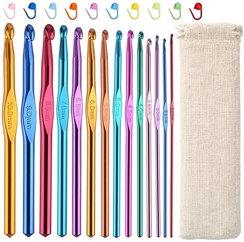 JOZEA Häkelnadeln Set, 14 Stück Aluminium Häkelnadel, 2,0mm-10,0mm Häkelnadeln Stricknadeln, mit 10 Stück Strick Markierer, mit Aufbewahrungstasche