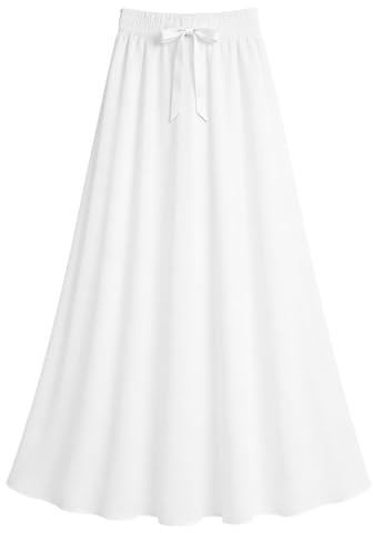 Awlsyj Half Skirt A Line Long Casual Bohemia Boho Palm Flower Printed Drawstring Elastic Waist Skirt with Pocket (White)