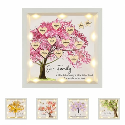 Árbol genealógico personalizado Luces LED 1-15 Niños Nombre Shadowbox de madera Nuestro marco de la memoria de la familia Marco del árbol genealógico Regalo para la Navidad Abuela Mamá Esposa Amante