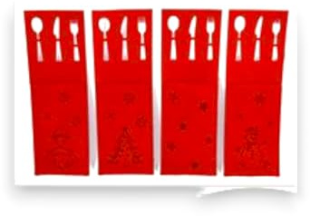 Generico Portaposate Natalizie Con tasche decorative In Feltro Rosso lavabili sacchetti per posate Motivo Natalizio Varie Fantasie 25x8.5 cm (12)