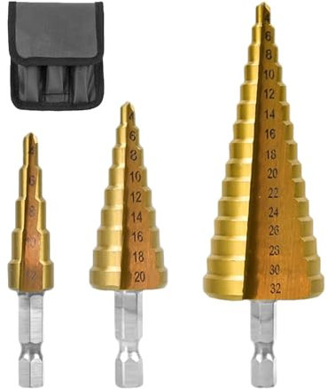 Lot de 3 Forets Étagés Triangulaires en Métal Avec Sac en Nylon Noir - Coupe-Tête, Forets à Bois de Chauffage, Fendeur de Bois, Kit Portable (Doré)