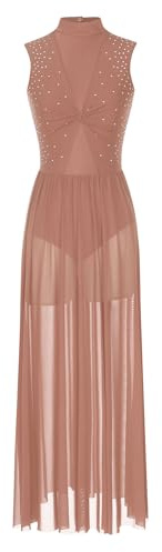 ranrann Femme Robe Danse Latine Robe Salsa Strass Justaucorps Danse sans Manches Costume Danse Contemporaine Dancewear S-XXL Rose poussiéreux S