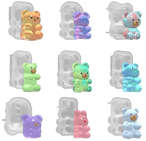 Moule en Silicone 3D Resine Animal - 9 Pièces Moule Époxy pour Moulage de Ours DIY - Pendentif, Porte-clés et Ornement de Sac