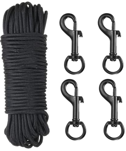 sourcing map 100Ft Flag Pole Rope Kit, Flag Pole Halyards Rope 1/4 Thick with 4 Pcs Zinc Alloy Swivel Flagpoles Clips, Nylon Flagpole Line Rope Black