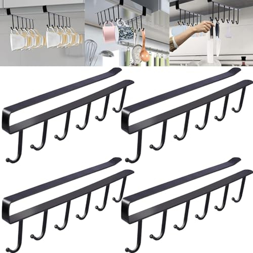 PLMMOUT 4 Stück Tassen Haken Tassenhalter, Metall Haken Unter Regal Tassenhalter, Schwarz Schrankeinsatzhaken ohne Bohren mit Selbstklebendem Fixierpad für Becher Tassen Weingläser Küchenutensilien