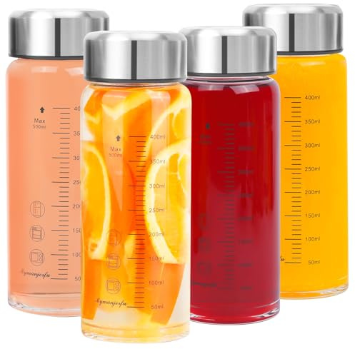 Glass Juice Bottles 4 Pack 16 oz - Wide Mouth Glass Water Bottles with Lids - for Juicing, Smoothies, Milk, Protein, BPA Free, Reusable, Stainless Steel Lids, Leak Proof, Shaker bottle (500 ml)