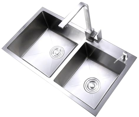 Spüle Edelstahl Doppelwaschbecken, Rechteckig Küchenspüle Satz Mit Wasserhahn, Modernes Großes Becken, Waschtisch eckig Großes und kleines Schlitzdesign (680x390mm)