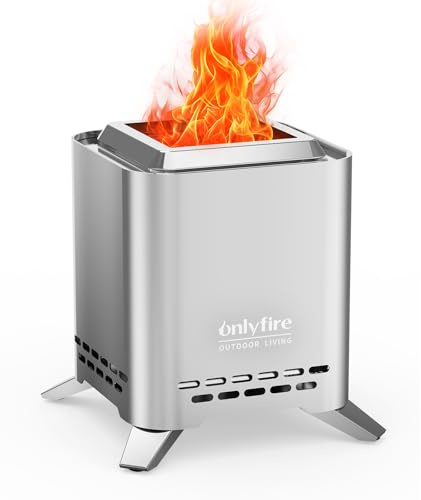 Onlyfire 2-in-1 Quadratische Raucharmes Tischkamin mit Topfhalter und Tragetasche, Tischfeuerstelle für Outdoor Balkon Gärten, Tragbare Mini-Feuerstelle, Befeuert Holz und Pellets, Silber