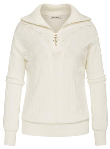 GRACE KARIN Damen-Winterpullover Reverskragen Lange Ärmel Twist-Blumen-Strickpullover Elfenbeinweiß S