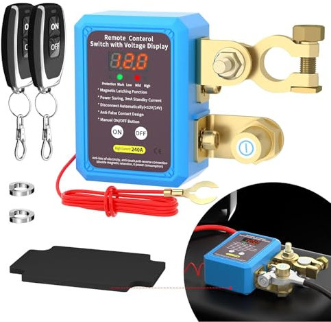 AULESSE Desconectador de Bateria Coche, 12V 240A Corta Corriente Bateria Coche con Pantalla LED Digital Voltímetro, Interruptor de Desconexión Automática Para Coche con 2 Telecontrol