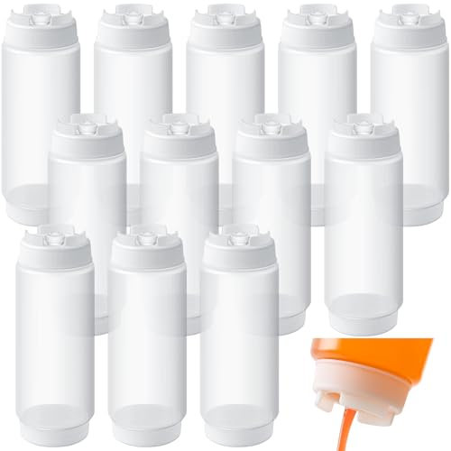 Singhoow 12 Pcs 24 oz Condiment Squeeze Bottles Restaurant Plastic Sauces Squeeze Ketchup Dispenser Inverted Refillable Large Clear Dressing Bottles for Restaurant Kitchen Catering