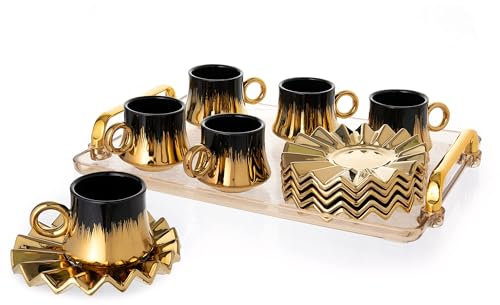 GLOXZY Juego de 6 tazas de café turco con platillos y bandeja, tazas de té de cerámica de mármol árabe griego japonés para espresso, capuchino, latte, moca, regalo ideal, 6.7 onzas, negro y dorado