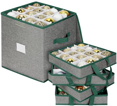 OSTWOLKE Weihnachtskugeln Aufbewahrung, Aufbewahrungsbox Christbaumkugeln aus Stoff, Aufbewahrungsboxen 64 Fächer, Storage Boxes mit 4 Ebenen, Griffen& Unterteiler(31,5 x 31,5 x 34cm) - Grau