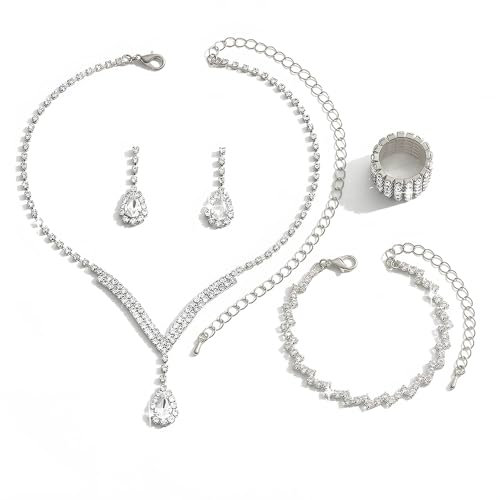 TOFBS 4 Stück Tropfenform Kristall Schmuckset Halskette Ohrringe Armband Elastischer Ring Strass Brautschmuck Hochzeitsschmuck Damenschmuck