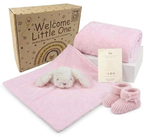 Baby Box Shop - 4 Baby Essentials für Neugeborene Baby Mädchen, ideal als Babyparty-Geschenke & Taufgeschenke für Mädchen, enthält eine Einhorn-Babydecke, rosa Fleece-Babydecke und rosa