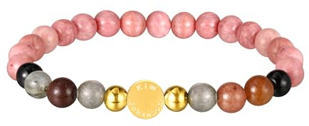 Kim Johanson® Damen Naturstein Armband mit Rhodochrosit, Onyx & Edelstahl Beads I Rosa Perlenarmband mit echten 6mm Edelsteinen I Elastisches Kugelarmband I Handgemacht I Wasserfest