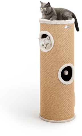 lionto Kratztonne aus Jute mit Spielball & Plüschrand, Höhe 100 cm, Stabiler Kratzbaum für kleine & große Katzen, perfekte Krallenpflege & Beschäftigung, viele Versteckmöglichkeiten, Ø 36 cm, beige