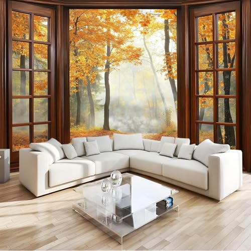 Fotomurales infantiles Hojas caídas en el bosque fuera de la ventana Fotomurales 3D Tv Fondo Pared Moderno Dormitorio Murales Fotomurales Decorativos 400 x 280 cm