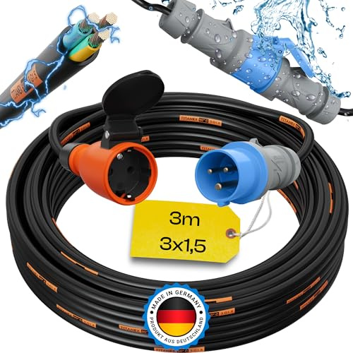 maxgo Adapter CEE auf Schuko – 230V 16A 3x1,5 TITANEX H07RN-F Kabel 3m | Flexibles TITANEX H07RN-F Kabel Made in Germany für Camping, Wohnmobil und Wohnwagen mit CEE Stecker und Schuko Kupplung