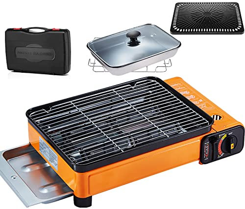 Portable Butane Gas BBQ Grill Tabletop Barbecue Stove with Butane Burner Grill Plate and Rack for Outdoor/Indoor Cooking
