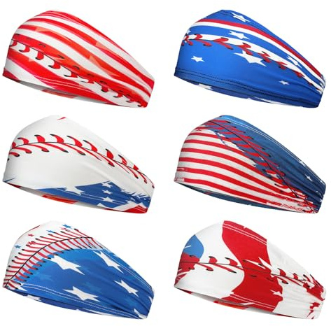 Shyyween 6 Pcs Baseball Headband Elastic Polyester Sweatband for Baseball Basketball Football Golf Headscarf Stuff Women Men Accessory Team Gift(American Flag)