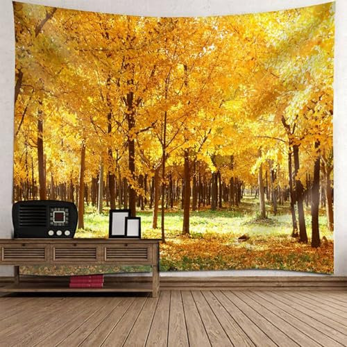 Musihy Wandteppich Wandbehang Tapisserie | Polyester Herbst Baum Natur Landschaft Wandteppiche für Wohnzimmer, Wohnkultur | Gelb, 260x240cm