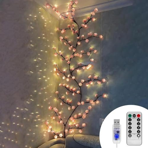 Cherry Blossom Tree Branch Lights for Wall,Cherry Enchanted Willow Vine Lights,with 96 LED and 8 Lighting Modes,Remote Timer,for Bedroom Wall Doors Windows Wedding Christmas Holiday (71inch)