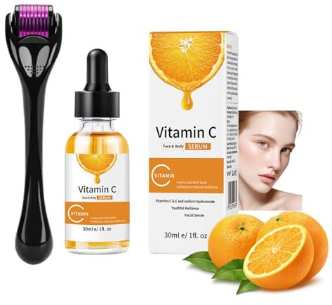 Vitamin C Serum Microneedling Set, Anti Aging 540 Titanium Derma Roller, Microneedling Roller 0.5mm für Pickelmale und Pigmentflecken Entferner Gesicht, Vitamin C Serum Set für Gleichmäßigen Teint