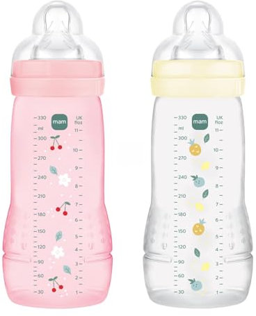 MAM Easy Active 6 mesi in più colore bacche + perla (confezione da 2 x 330 ml) - con ciuccio in silicone a flusso X velocità ultra veloce - per bambini con chiusura ermetica