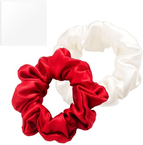 Annauiy Seiden Haargummis,100% Maulbeerseide,16 Momme,2 Stück,3,5CM Breit | Haarringe für Damen und Mädchen,Rot, Weiß